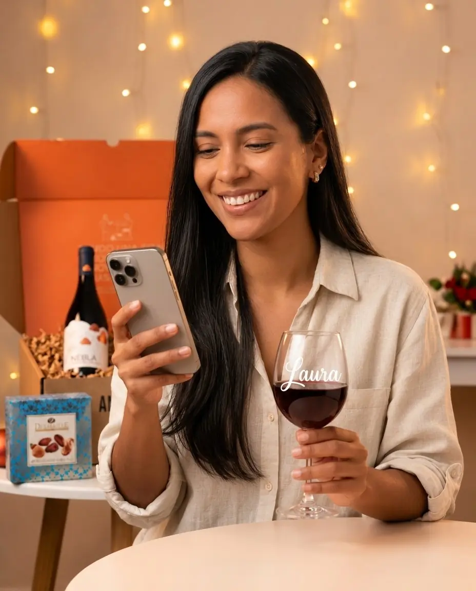 Laura sonríe mientras hace el quiz de Vini en su celular, con su copa de vino en la otra mano
